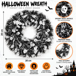 Underfoot Halloween Wreath 20Cm Black White Skull Tinsel Hanging Door Decoration Spooky - thumbnail 2