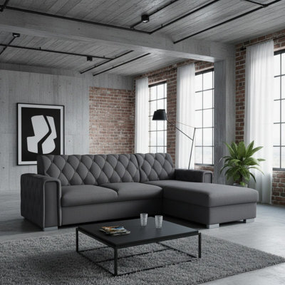 Roma Corner Sofa Bed With Storage For Living Room Polyurethane Foam Wave Springs Metal Legs Frame 267X85X185Cm Graphite Right - image 1