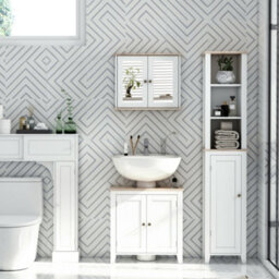 Kleankin Bathroom Pedestal Under Sink Cabinet Floor W/ Storage Shelf Double Door - thumbnail 5