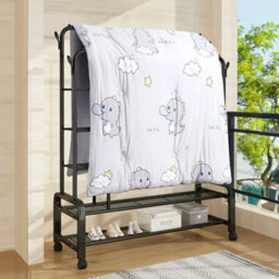 Living And Home Freestanding Metal Clothes Rail With Wheels Bottom Rack And Side Hooks Black - thumbnail 3