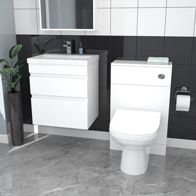 Nes Home White Wall Hung 500mm Vanity Unit 2 Drawer With Wc Unit & Btw Toilet - image 1