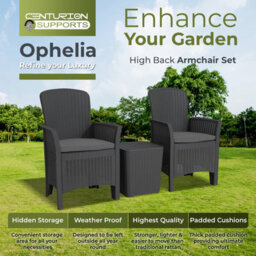 Centurion Supports Ophelia 3-Piece Rattan Garden Furniture High Back Armchair Set With Side Table In Black - thumbnail 3