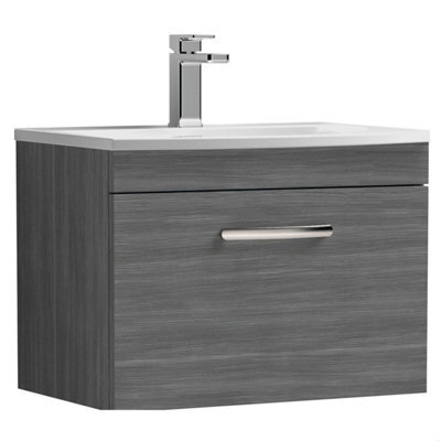 Balterley Millwich Contemporary 1 Drawer Wall Hung Vanity Unit With Curved Basin, Anthracite Woodgrain, 600mm - image 1