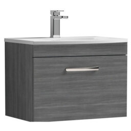Balterley Millwich Contemporary 1 Drawer Wall Hung Vanity Unit With Curved Basin, Anthracite Woodgrain, 600mm - thumbnail 1