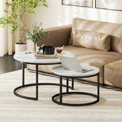 Homcom 2 Pcs Stacking Coffee Table Set Steel Frame, Marble White - image 1
