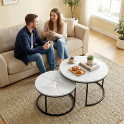 Homcom 2 Pcs Stacking Coffee Table Set Steel Frame, Marble White - thumbnail 9