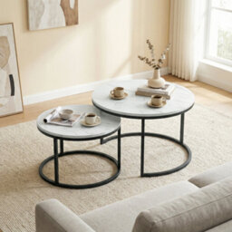 Homcom 2 Pcs Stacking Coffee Table Set Steel Frame, Marble White - thumbnail 8