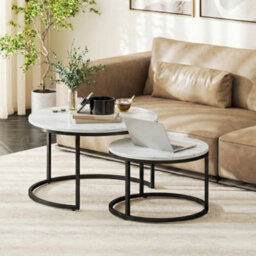 Homcom 2 Pcs Stacking Coffee Table Set Steel Frame, Marble White - thumbnail 1