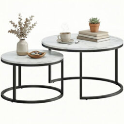 Homcom 2 Pcs Stacking Coffee Table Set Steel Frame, Marble White - thumbnail 2