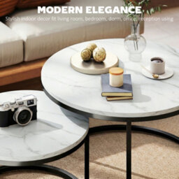 Homcom 2 Pcs Stacking Coffee Table Set Steel Frame, Marble White - thumbnail 4