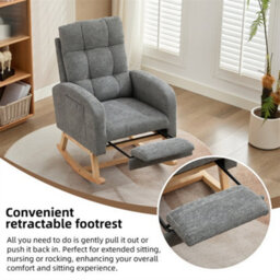 Abrihome Grey Waffle Fabric Rocking Chair With Adjustable Footrest & Side Pockets - thumbnail 3