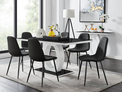 Furniturebox Giovani Rectangular 6 Seat White High Gloss Unique Halo Dining Table Black Glass Top 6 Black Faux Leather Black Leg Corona Chairs - image 1
