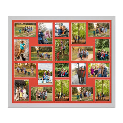 AK Frames 80X70Cm Silver Modern Multi Photo Frame With Poppy Red Mount - Holds 20 Apertures (18X) 6X4, (2X) 4X4 Photos - image 1