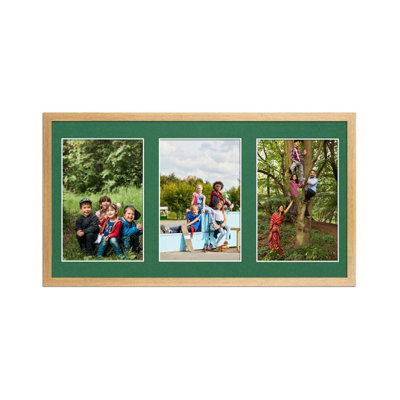 AK Frames 40X20Cm Oak Sleek Multi Photo Frame With Emerald Mount - Holds 3 Apertures (3X) 6X4 Photos - image 1
