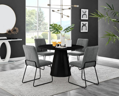 Furniturebox Uk Palma Black Semi-Gloss Round Pedestal Dining Table & 4 Dark Grey Fabric Halley Black Leg Chairs - image 1