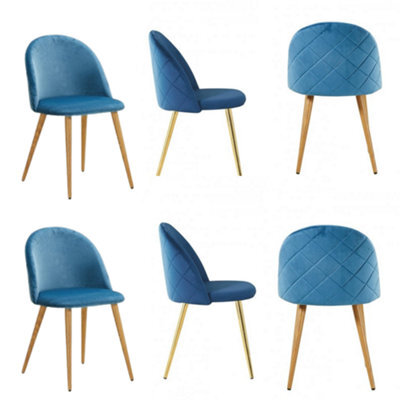 Life Interiors Set Of 6 Blue Lucia Ergonomic Velvet Dining Chairs With Wooden Legs, Modern Upholstered Accent Chair