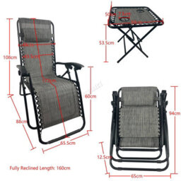 Birchtree Zero Gravity Chairs Sun Recliner Adjustable Chairs Folding Table Set Reclining Loungers Drink Holder Grey - thumbnail 6