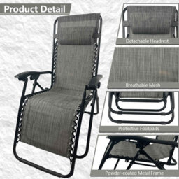 Birchtree Zero Gravity Chairs Sun Recliner Adjustable Chairs Folding Table Set Reclining Loungers Drink Holder Grey - thumbnail 4