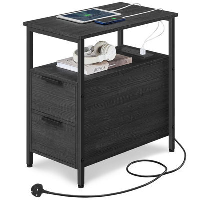 Vasagle Slim Side Table With Charging Station, Narrow End 2 Drawers, Bedside Storage, For Living Room, Bedroom, Charcoal Grey And