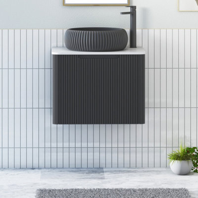 Royal Bathrooms Avenza 600mm Matt Obsidian Black Wall Hung Bathroom Countertop Vanity Unit 1 Drawer With Milan Black Basin - image 1