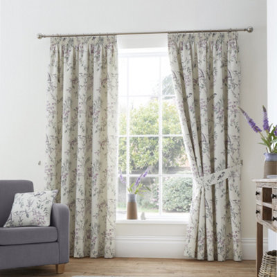 Dreams & Drapes Jazmine 100% Cotton Floral Print Pair Of Heather Pencil Pleat Curtains With Tie-Backs - image 1