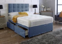 Comfy Deluxe Blue   Linen 4Ft Small Double Divan Bed Set Headboard With Mattress - 2 Drawers Same Side
