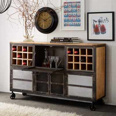Lyynet Industrial Solid Wood And Reclaimed Metal Wine Bar Sideboard With Wheels - image 1