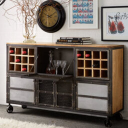 Lyynet Industrial Solid Wood And Reclaimed Metal Wine Bar Sideboard With Wheels - thumbnail 5