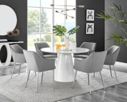 Furniturebox Uk Palma White High Gloss Round Dining Table & 6 Grey Calla Silver Leg Chairs - thumbnail 1