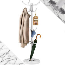 Casaria 175Cm Metal Coat Rack Stand With Marble Base 14 Hooks, White - thumbnail 2