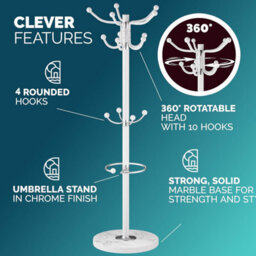 Casaria 175Cm Metal Coat Rack Stand With Marble Base 14 Hooks, White - thumbnail 6