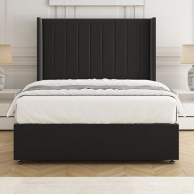 Bsspoke Hannah Divan Bed Set Black Plush Velvet 54Inch Wingedback Panel Headboard & Mattress No Drawers In 3Ft 4Ft 4Ft6 5Ft 6Ft - image 1