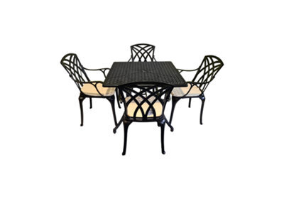 Sh&g Chirk 4 Seat Dining Table Set - 5 Piece Square Table & Chairs - Black Aluminium With Cream Cushions - Indoor & Outdoor - image 1