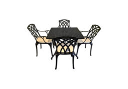 Sh&g Chirk 4 Seat Dining Table Set - 5 Piece Square Table & Chairs - Black Aluminium With Cream Cushions - Indoor & Outdoor - thumbnail 1
