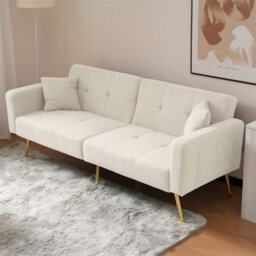 Abrihome Sofa Bed, Three Adjustable Backrest Angles, Gold Legs, Cushions And Side Storage Pockets, White