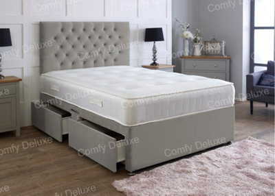 Comfy Deluxe Grey  Plush 4Ft6 Double Divan Bed With Mattress And Headboard 2 Drawers One Each Side