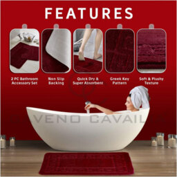 Gc Gaveno Cavailia Grecian Grace 2 Piece Bath Mat Set Burgundy Quick Dry Water Absorbent Bathroom Shower Mat & Pedestal Set - thumbnail 2
