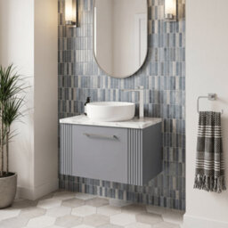 Balterley Belvide Partial Fluted 1 Drawer Wall Hung Vanity Unit With Carrera Marble Laminate Worktop - 600mm - Satin Grey - thumbnail 4