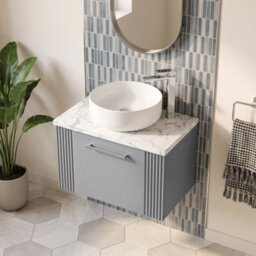 Balterley Belvide Partial Fluted 1 Drawer Wall Hung Vanity Unit With Carrera Marble Laminate Worktop - 600mm - Satin Grey - thumbnail 3