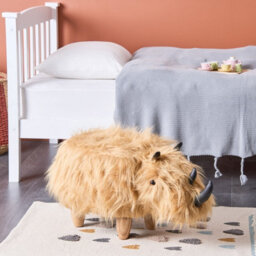 Beliani Rhino Kids Stool In Sand Beige Faux Fur Upholstery With Rubberwood Legs - Nursery Pouffe - thumbnail 2