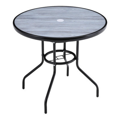 Living And Home Black Round Garden Tempered Glass Wood Grain Coffee Table With Umbrella Hole 80Cm