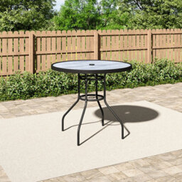Living And Home Black Round Garden Tempered Glass Wood Grain Coffee Table With Umbrella Hole 80Cm - thumbnail 2