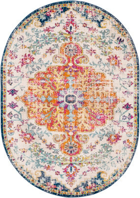 Livabliss Oval Harput-Vintage Blue Orange Yellow Grey Traditional Boho Living Dining Bedroom Rug 200 X 275 Cm Easy Care, Non Shedding - image 1