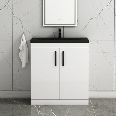 Royal Bathrooms Turin 800mm Floor Standing Vanity Unit 2 Door Gloss White With Black Basin & Handles - image 1