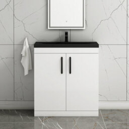 Royal Bathrooms Turin 800mm Floor Standing Vanity Unit 2 Door Gloss White With Black Basin & Handles - thumbnail 1