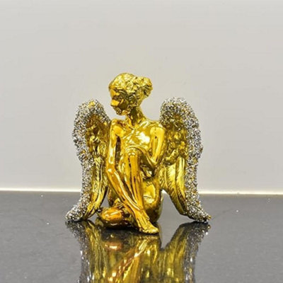 Biznest Sitting Angel With Wide Wings Crushed Ornament Sparkle Diamond For Gift Beautiful Decorative (Gold)