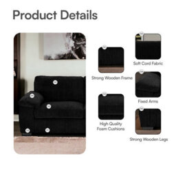 BlissFurniture Ltd Jumbo Cord Amalfi 3 Seater Sofa Stylish And Spacious Sofa For Modern Living Rooms Soft Cushions & Cozy Soft Cord Fabric In Black - thumbnail 3