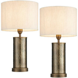 2 Pack Hammered Bronze Table Lamp Aged Metal & Off White Shade Bedside Light - thumbnail 1