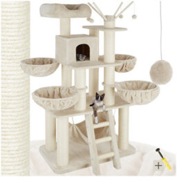 Tectake Cat Tree Gismo - 195 Cm Tall, Sisal Cat Scratching Posts, Toy Balls & Anti-Tip - Beige/white