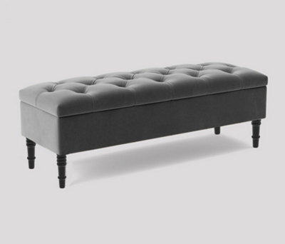 Alyana Ottoman Bench With Storage And Turned Wooden Legs. 137Cm Wide Ottoman Box - Grey Plush Velvet - image 1